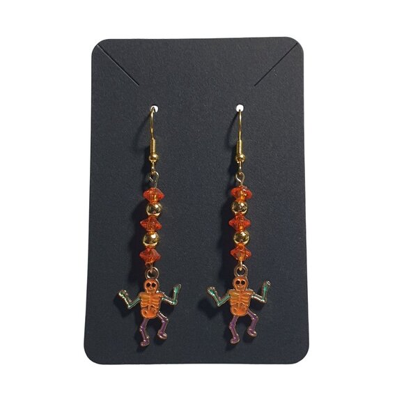 Handmade Halloween Dangle Earrings Dancing Skeleton Charms Orange Beads Hooks - Picture 2 of 4